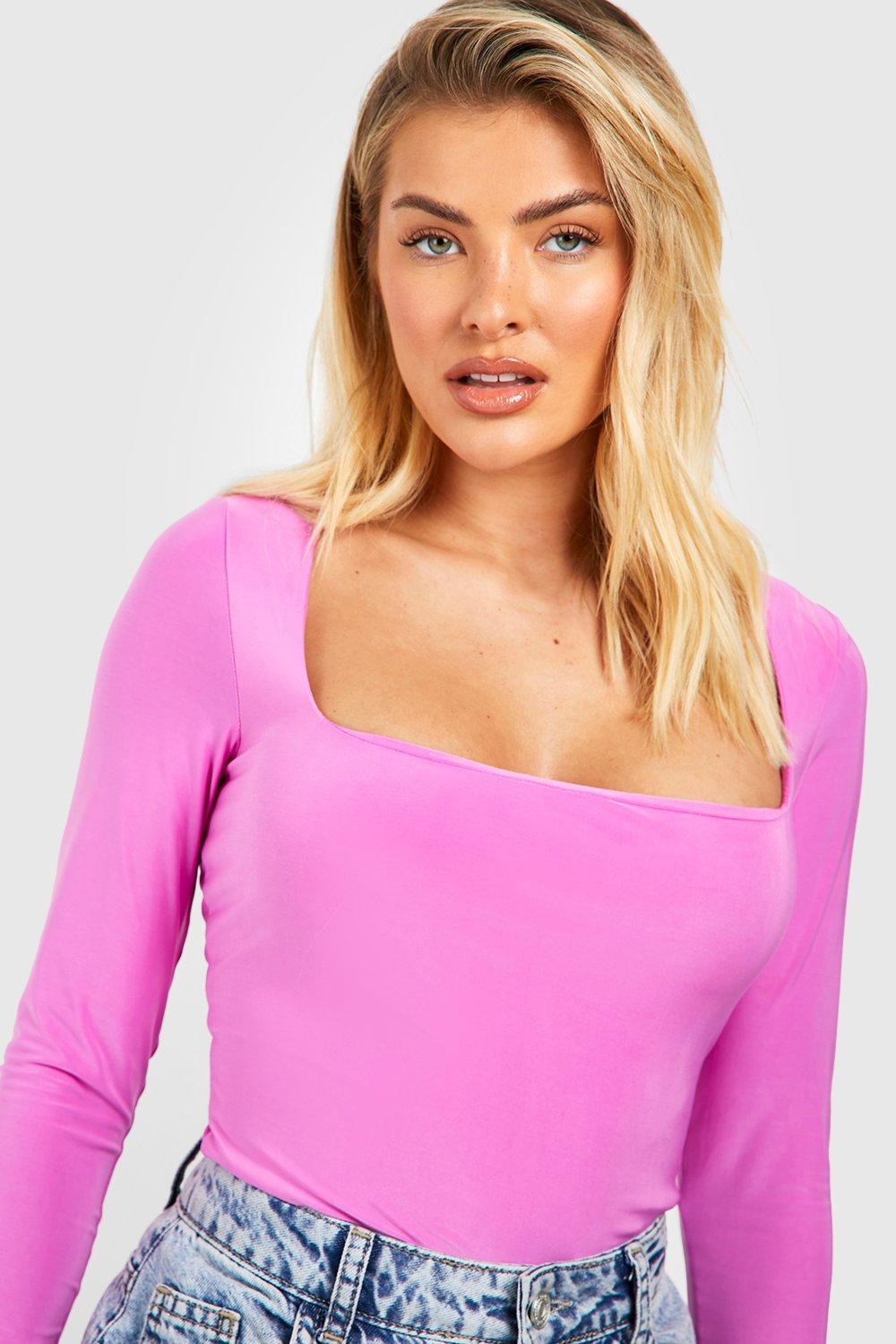 Hot Pink Double Layer Slinky Square Neck Long Sleeve Bodysuit